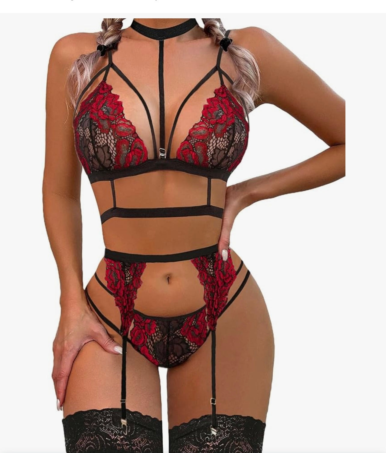 Sensual Red and Black Lace Lingerie Set