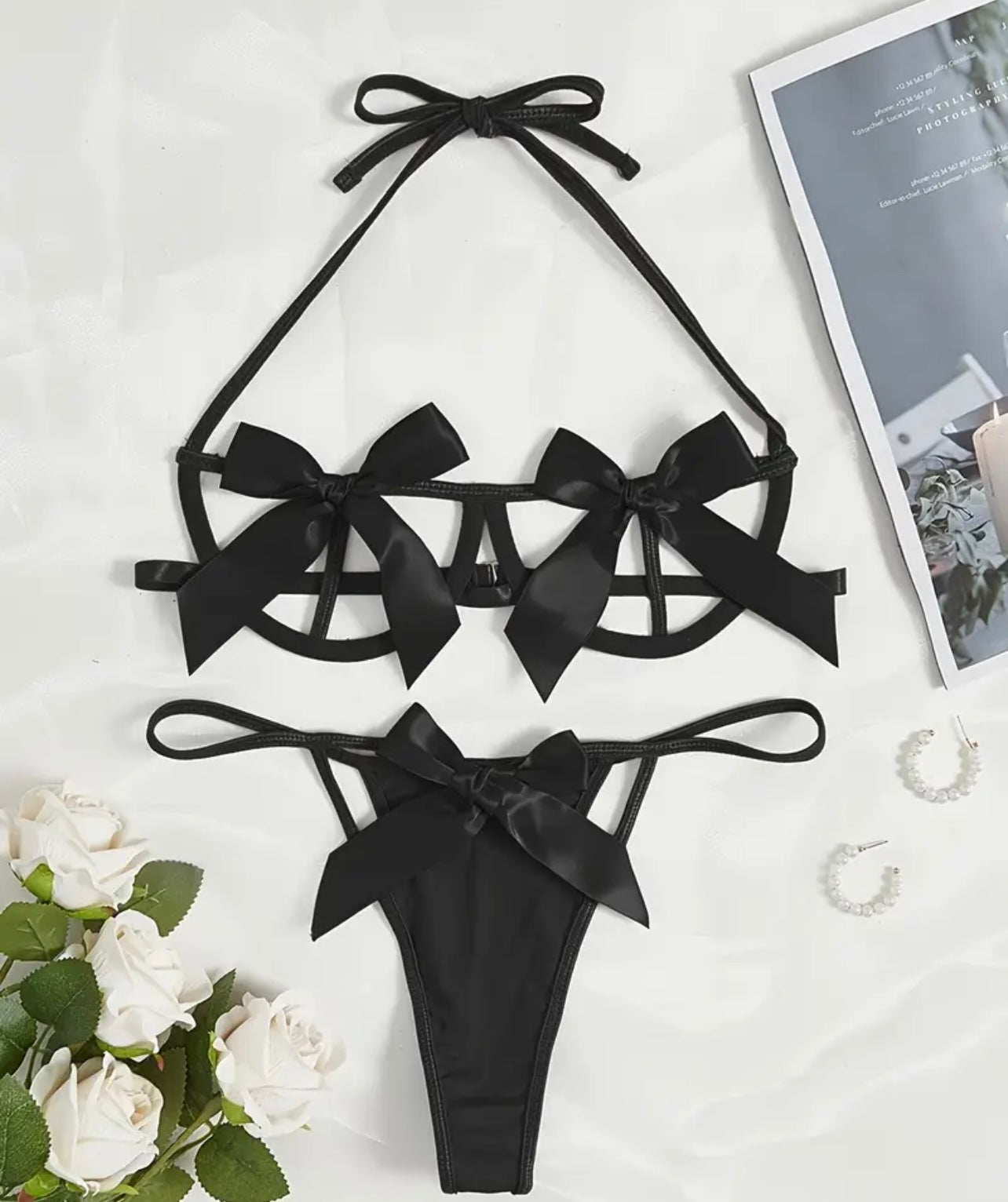 Black Satin Bow Lingerie Set