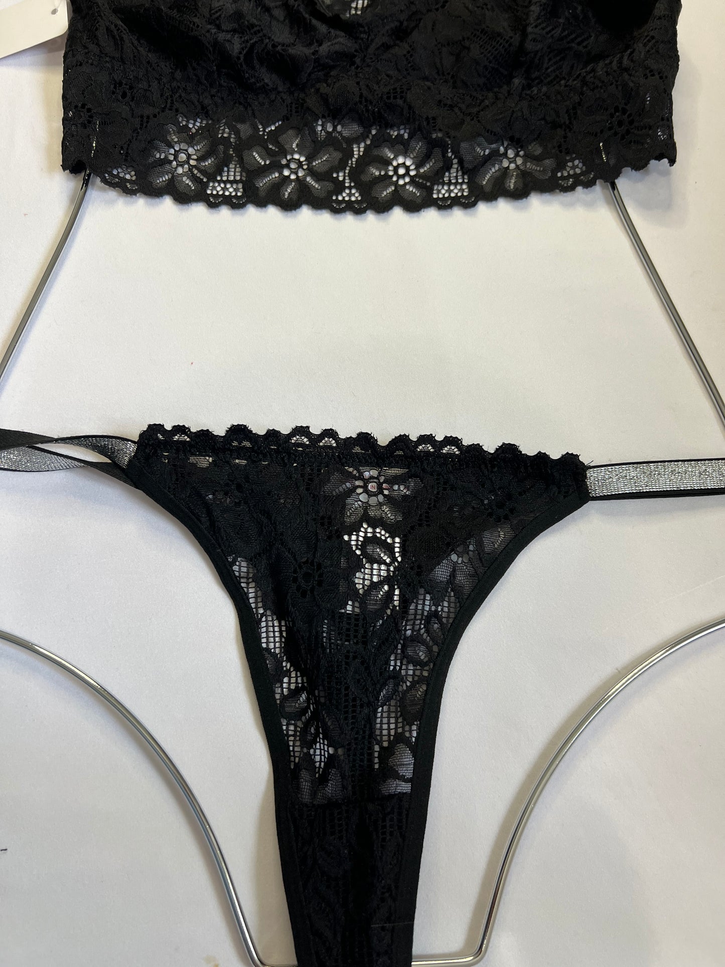 Elegant Black Lace Bralette and Thong Set with Rhinestone Straps