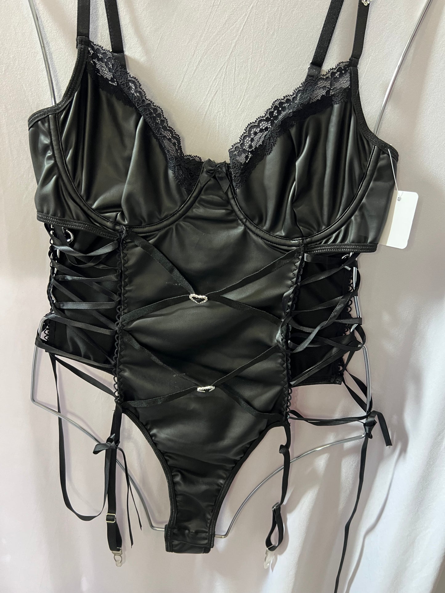 Sultry Black Satin Lace-Up Bodysuit