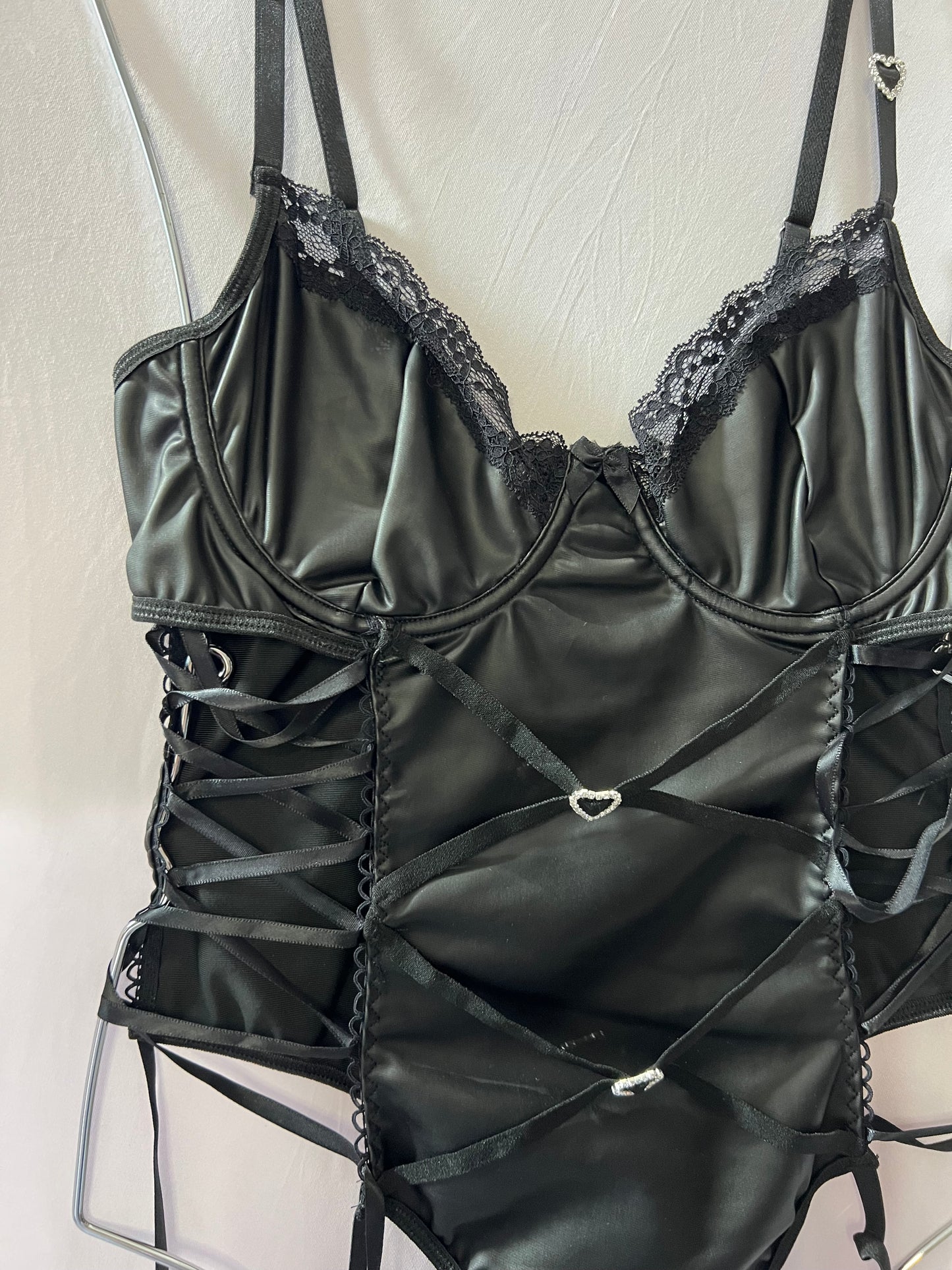 Sultry Black Satin Lace-Up Bodysuit
