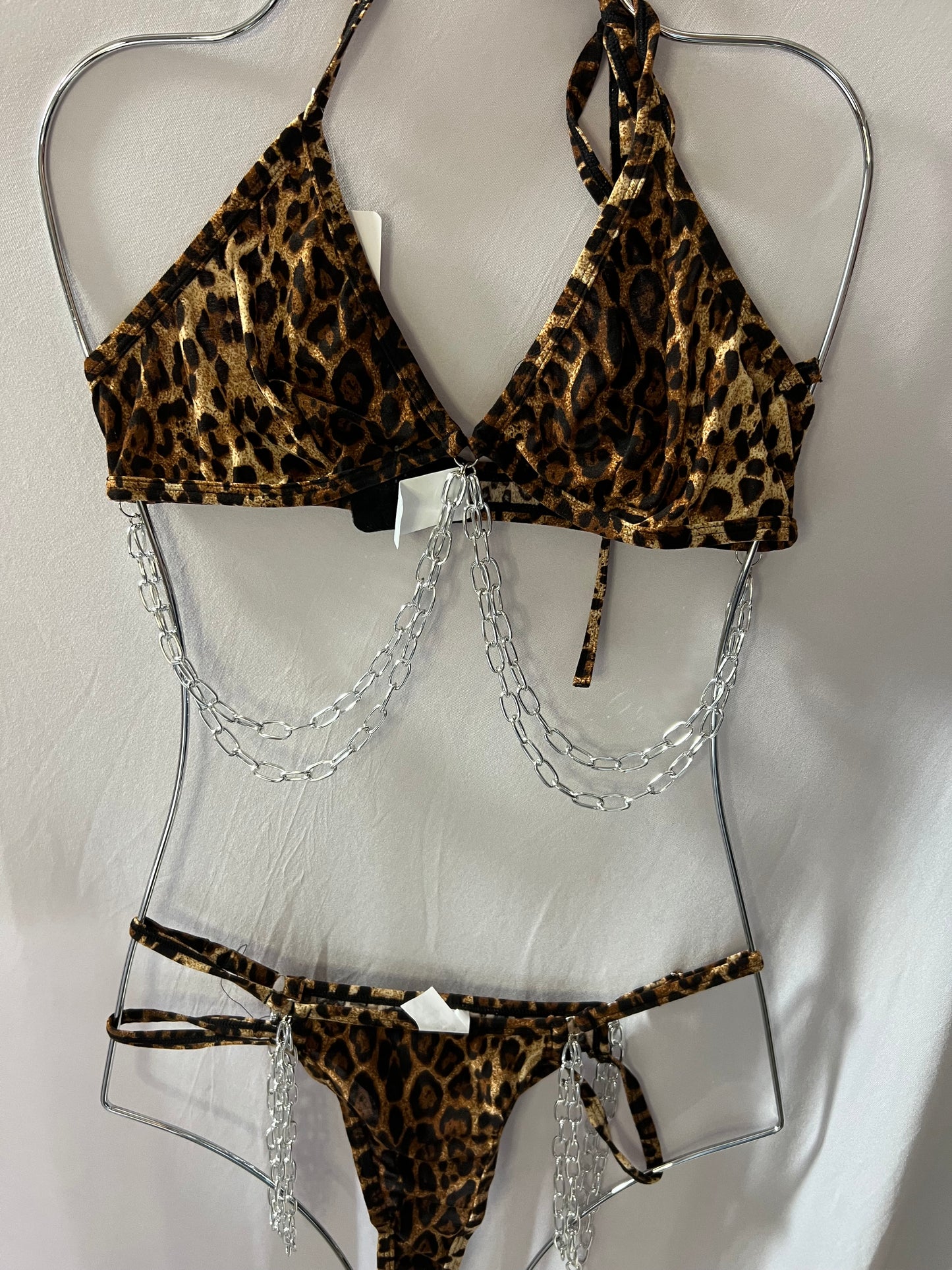 Leopard Print Lingerie Set with Silver Chain Details