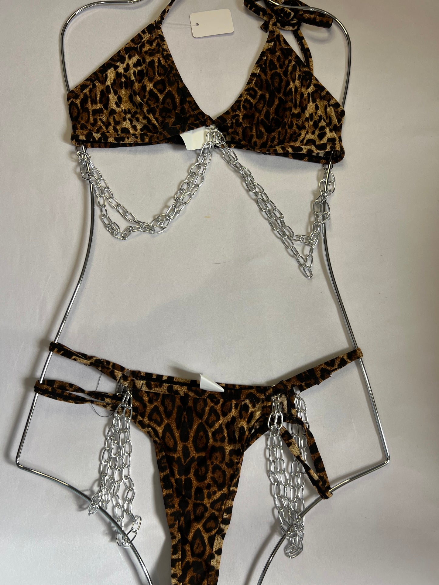 Leopard Print Lingerie Set with Silver Chain Details