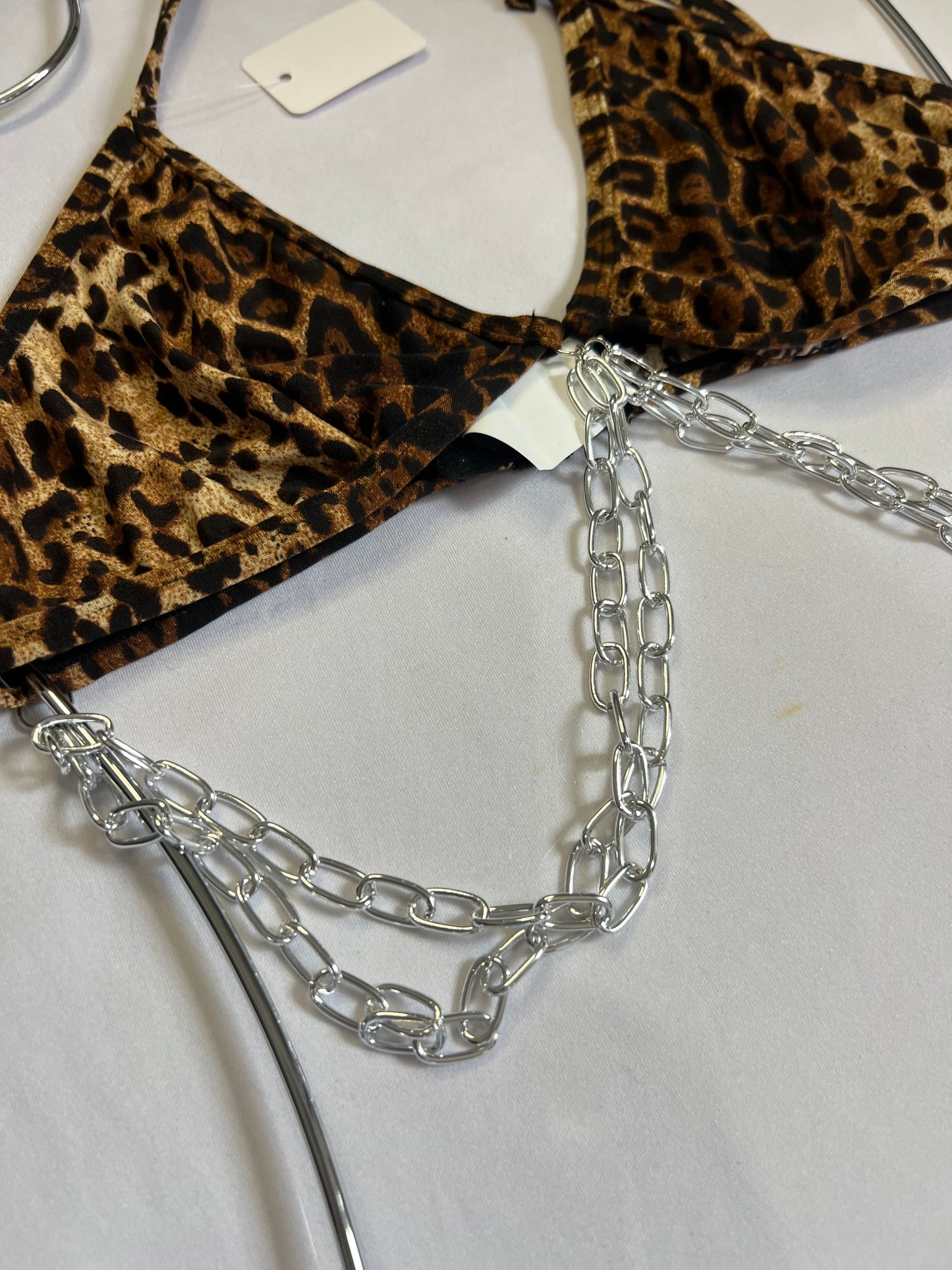 Leopard Print Lingerie Set with Silver Chain Details