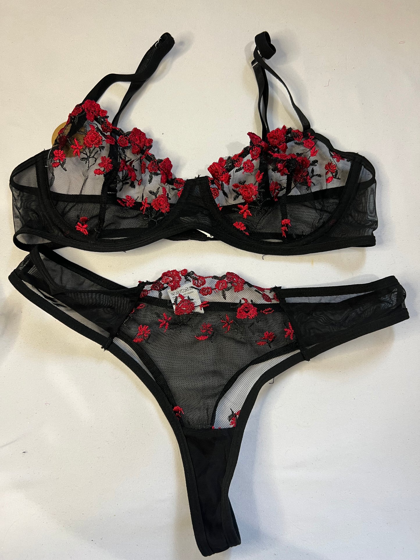 Elegant Black Lace and Red Floral Lingerie Set