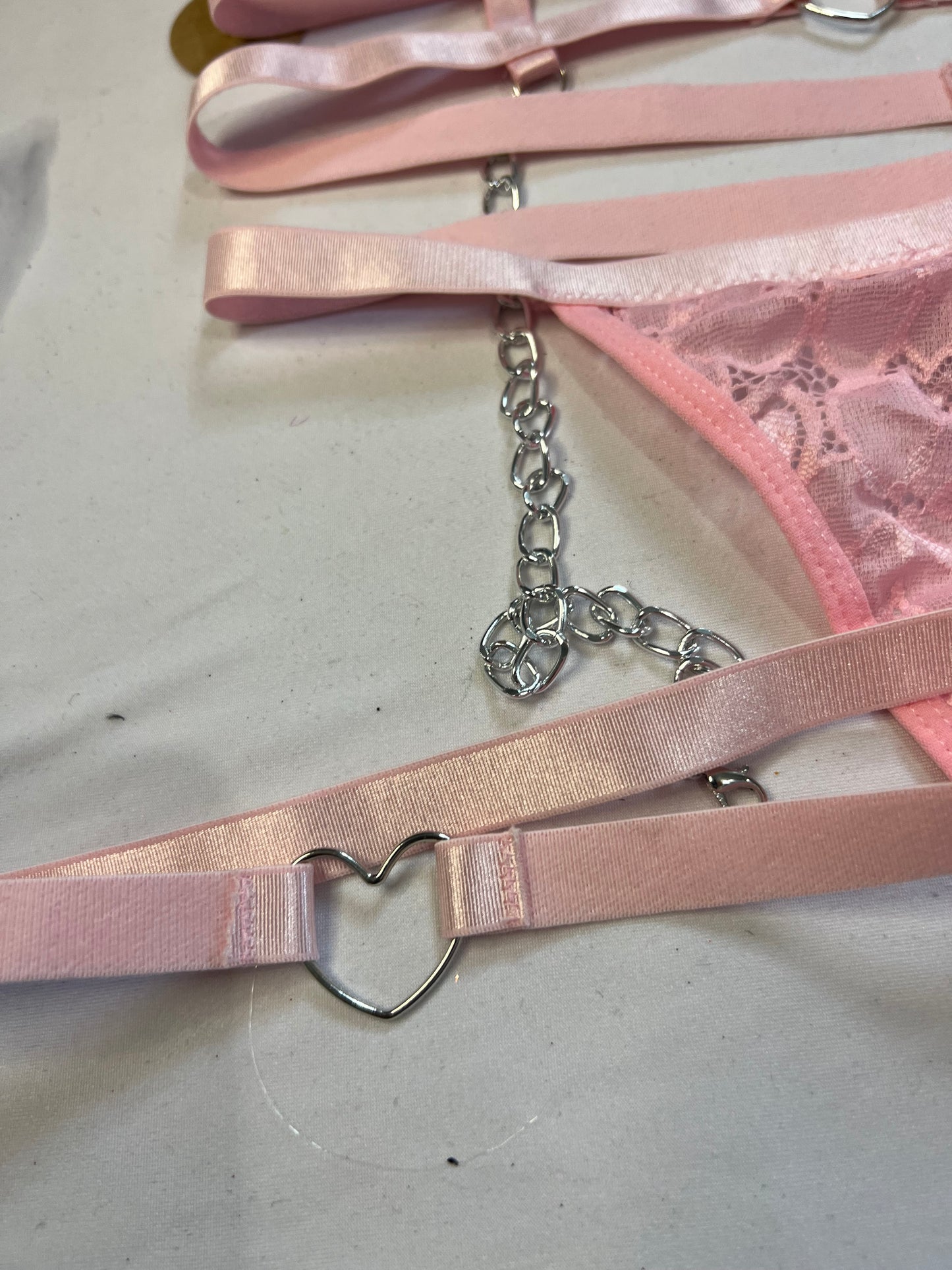 Seductive Pink Lace and Satin Lingerie Set with Heart Details