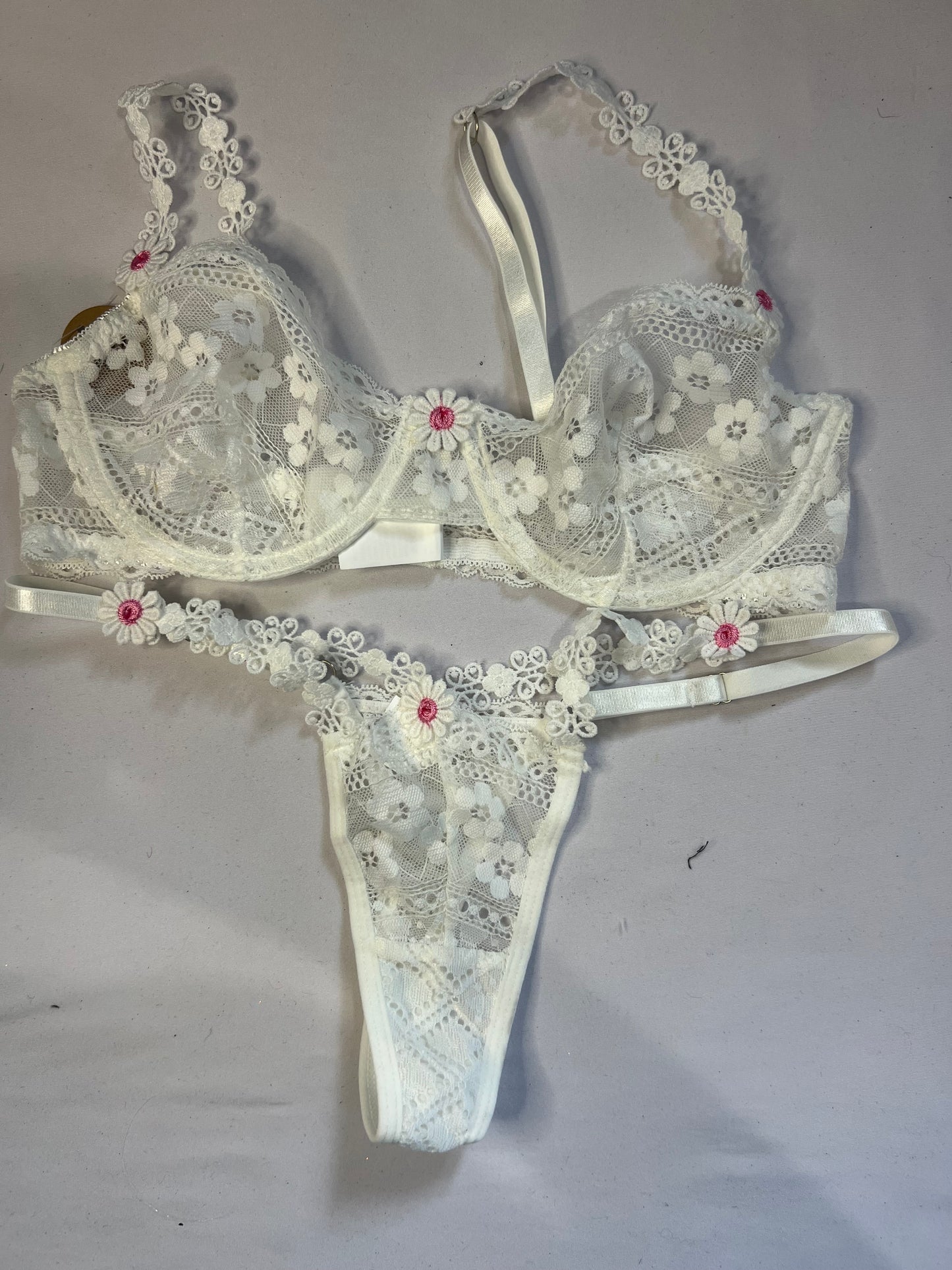 Delicate White Lace Lingerie Set with Pink Flower Detail
