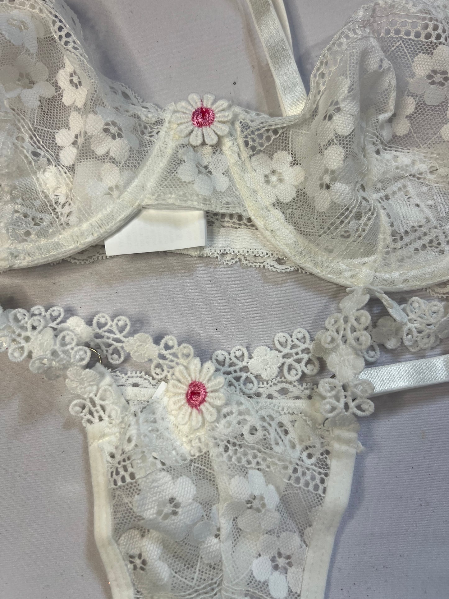 Delicate White Lace Lingerie Set with Pink Flower Detail