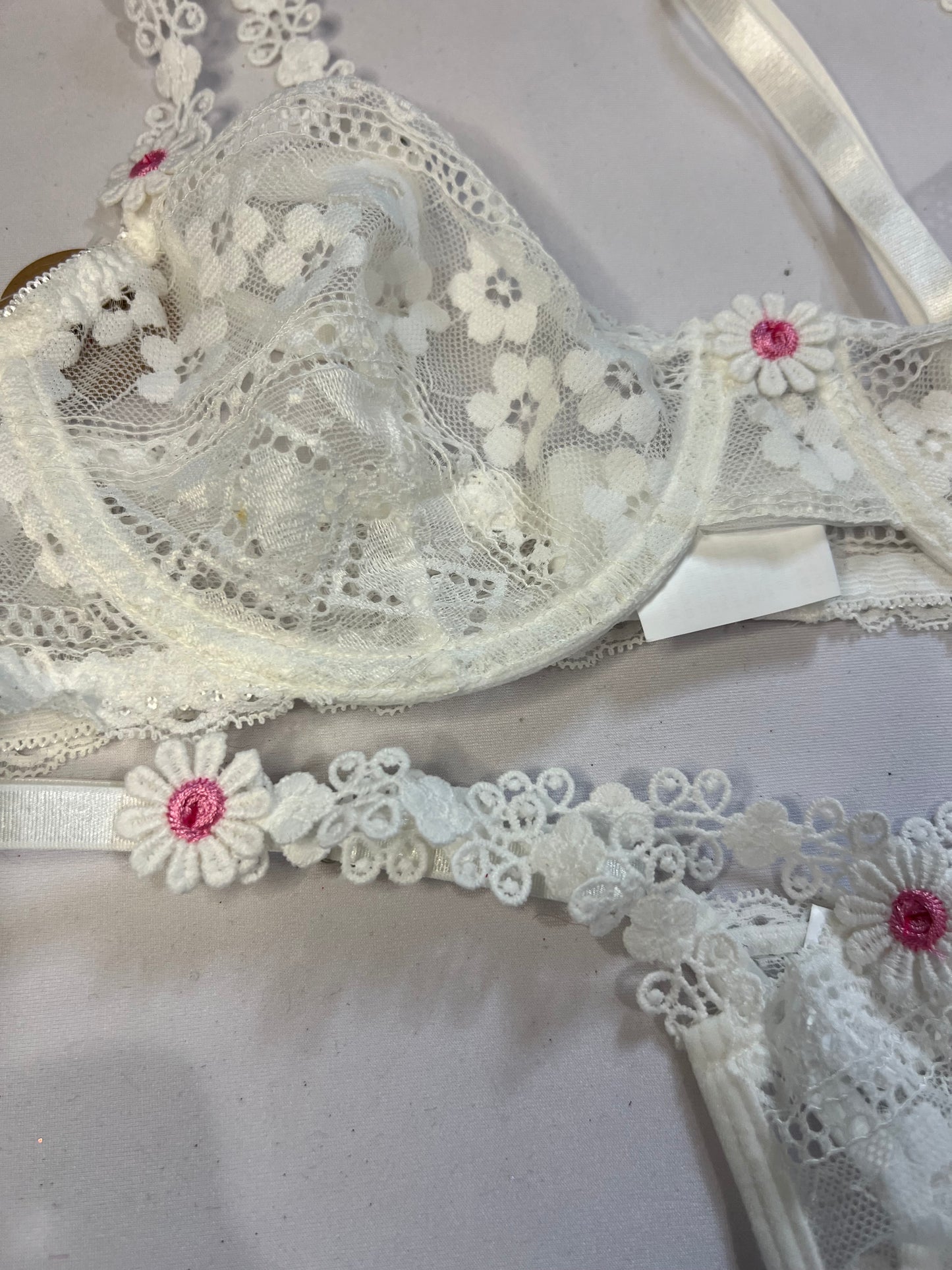 Delicate White Lace Lingerie Set with Pink Flower Detail