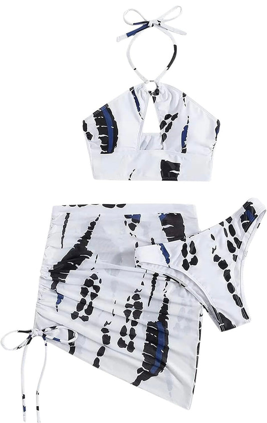 3-Piece Halter Bikini Set with Skirt Cover-Up – Abstract Print