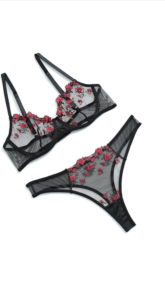 Elegant Black Lace and Red Floral Lingerie Set