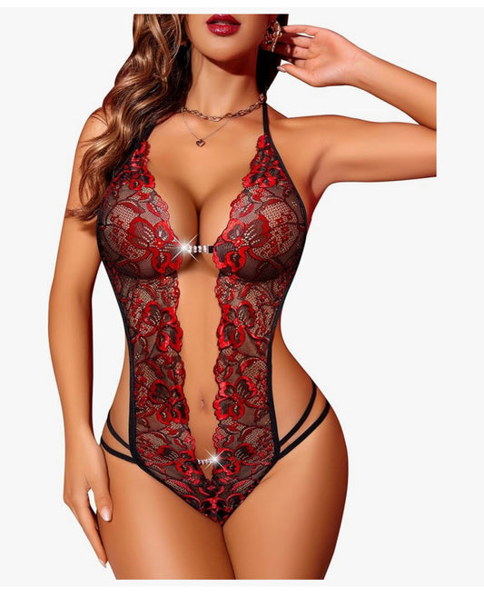 Sensual Red and Black Lace Bodysuit