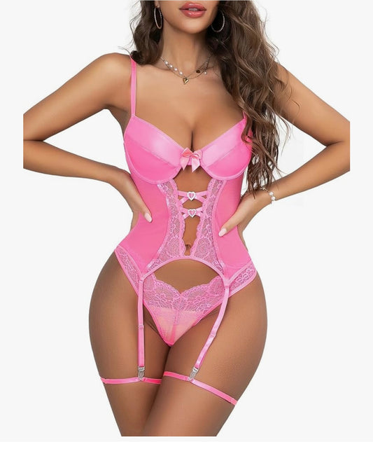 Seductive Pink Lace and Satin Lingerie Set