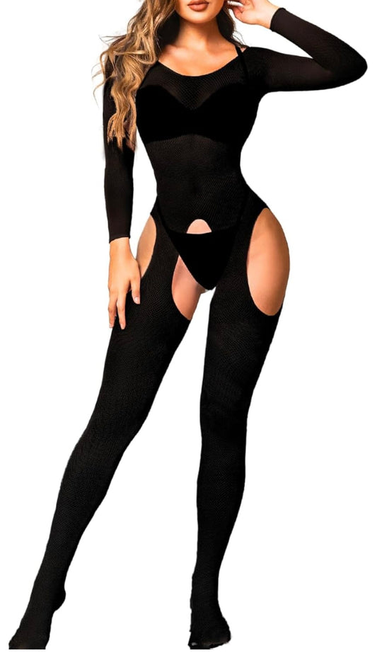 Sleek Black Fishnet Bodysuit with Tie-Detail