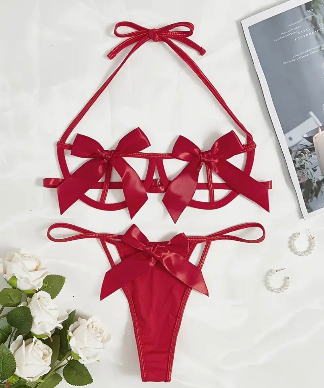Red Satin Bow Lingerie Set