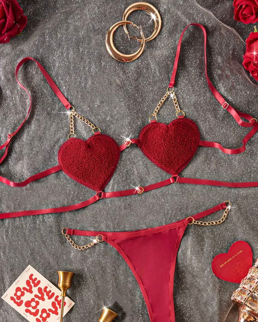 Red and Black Heart Shaped Lingerie Set with Gold Details