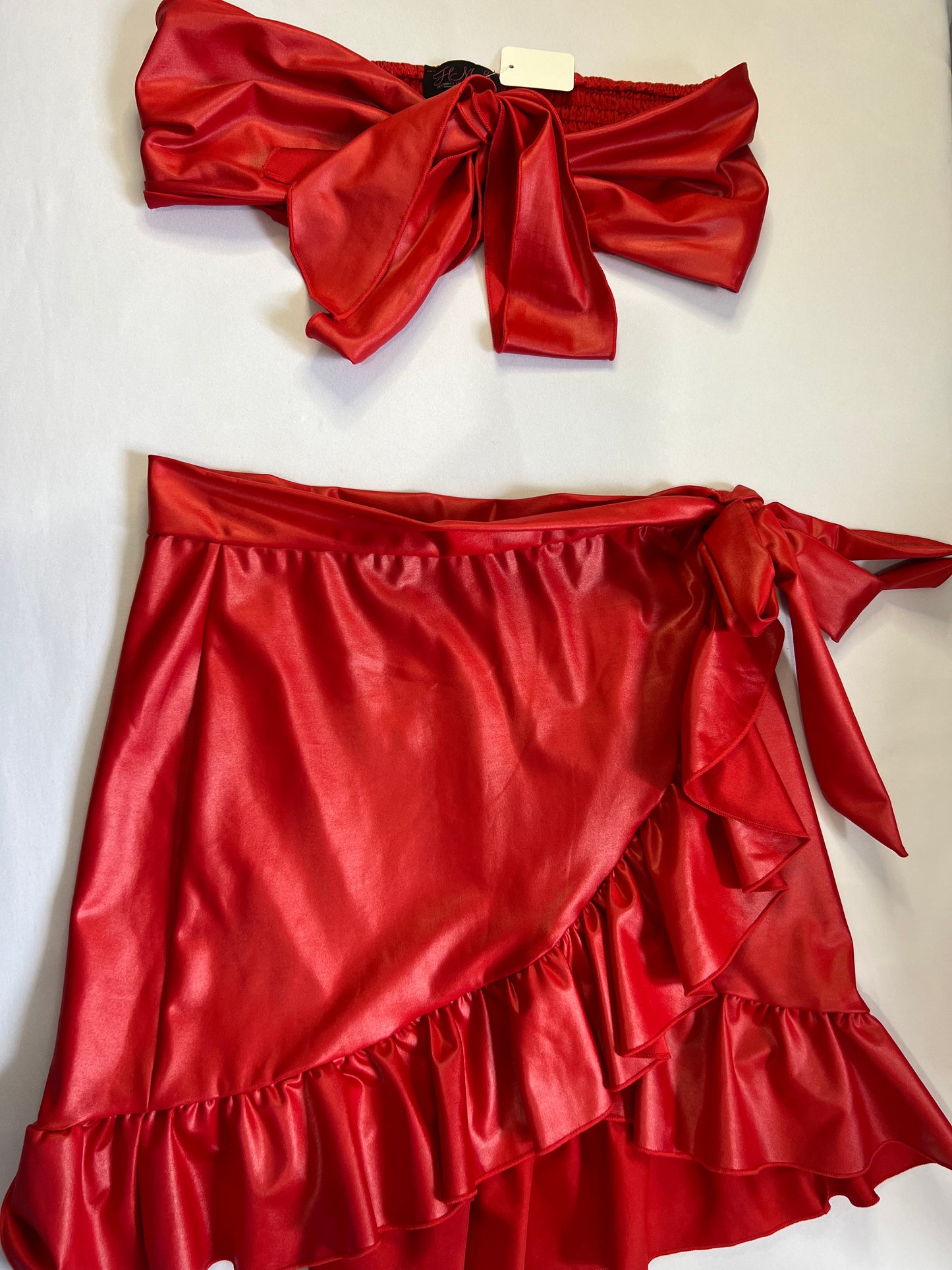Red Satin Bow Tie Crop Top and Skirt Set