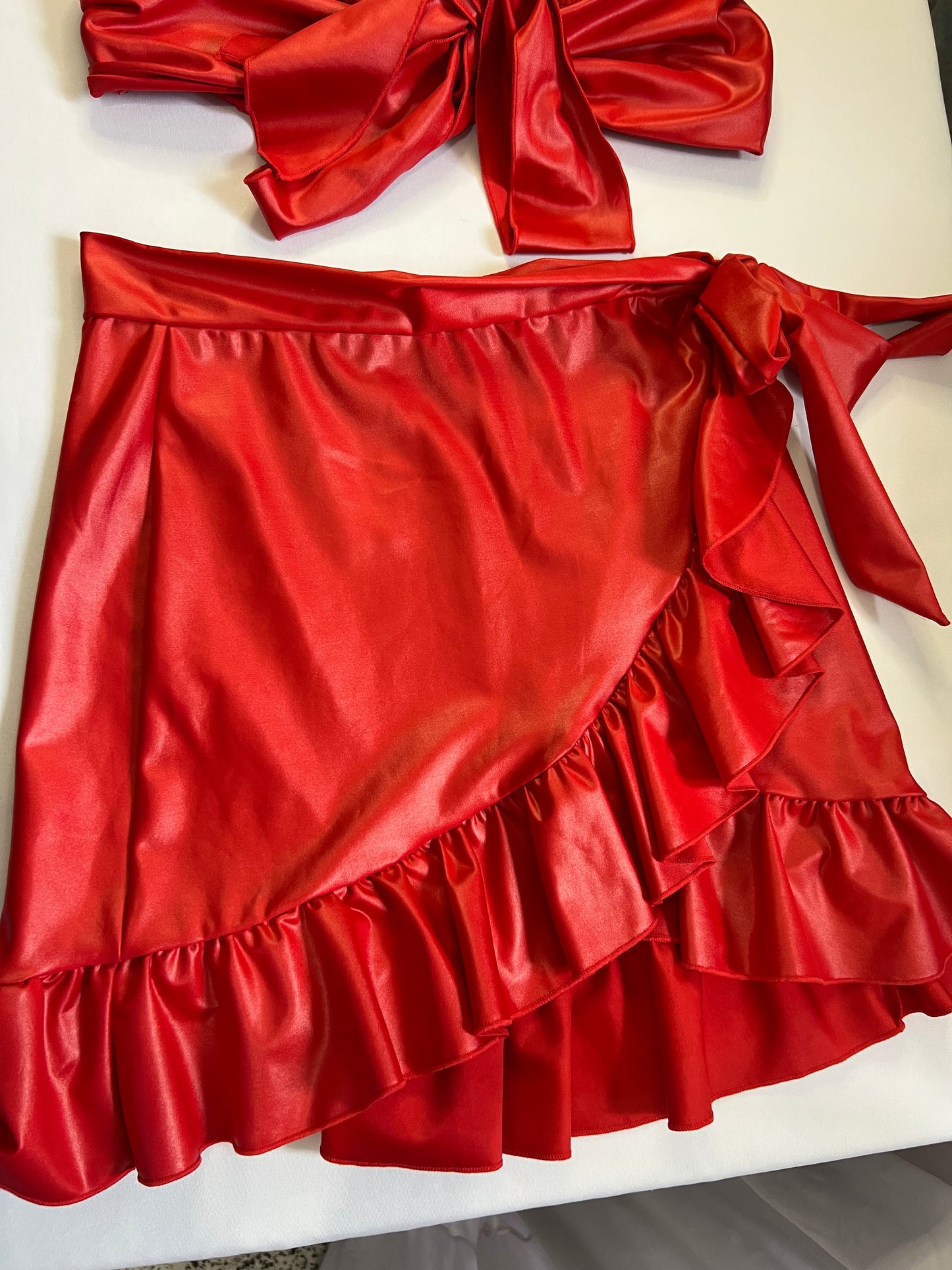 Red Satin Bow Tie Crop Top and Skirt Set