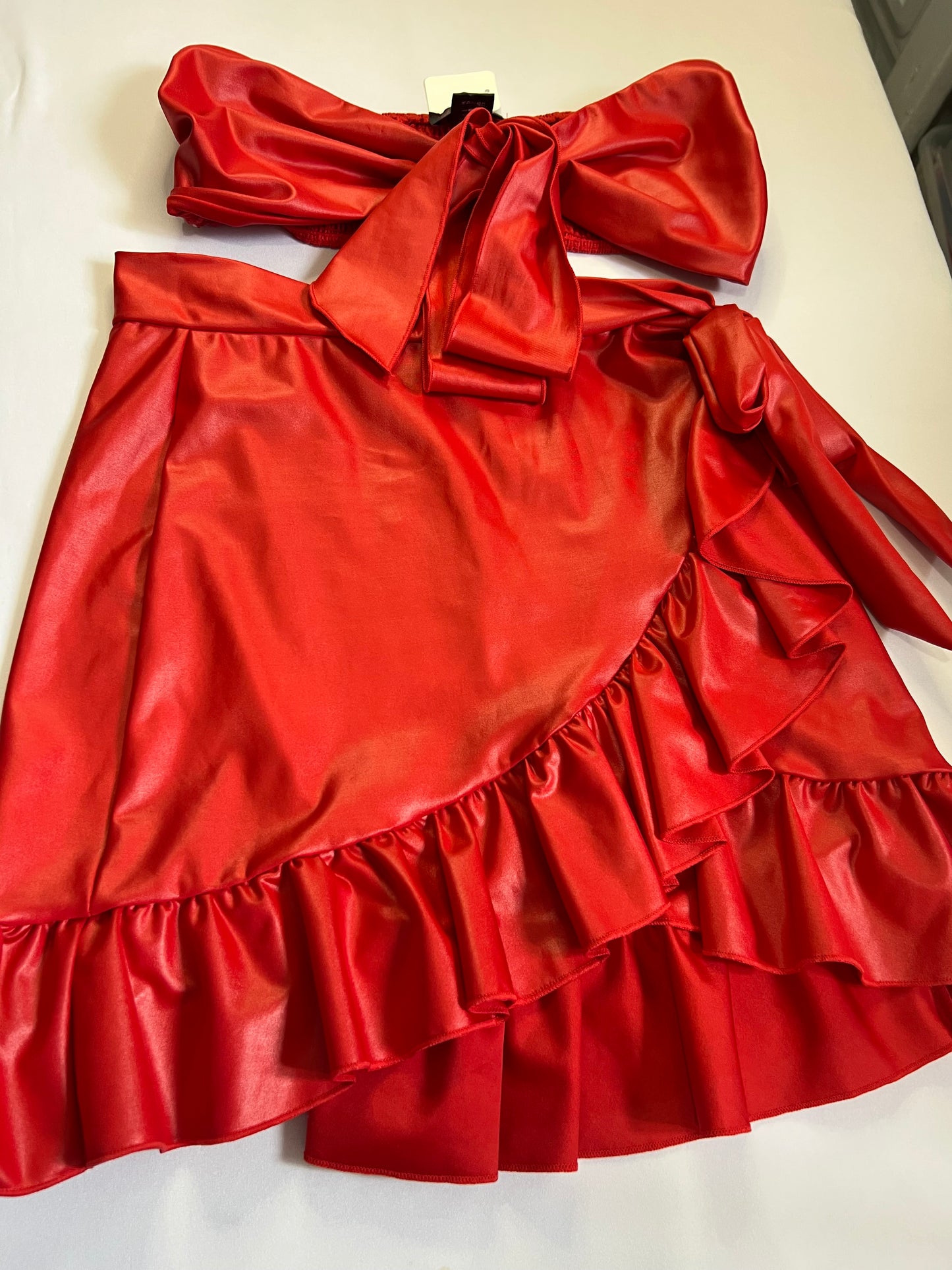 Red Satin Bow Tie Crop Top and Skirt Set
