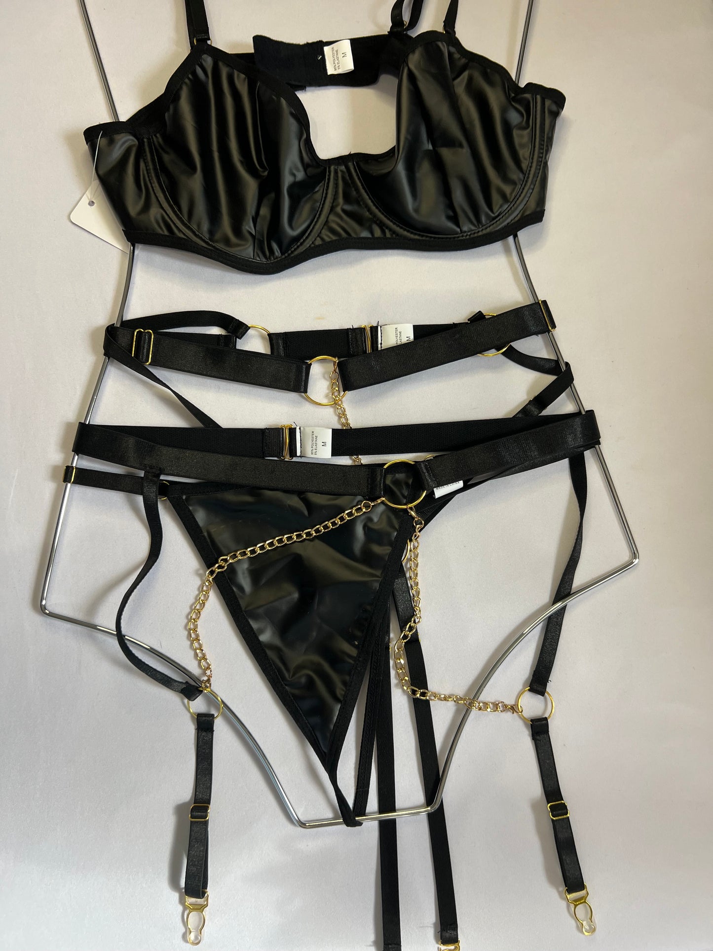Sultry Black Satin Lingerie Set with Gold Chain Details