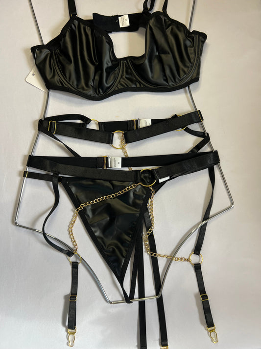 Sultry Black Satin Lingerie Set with Gold Chain Details