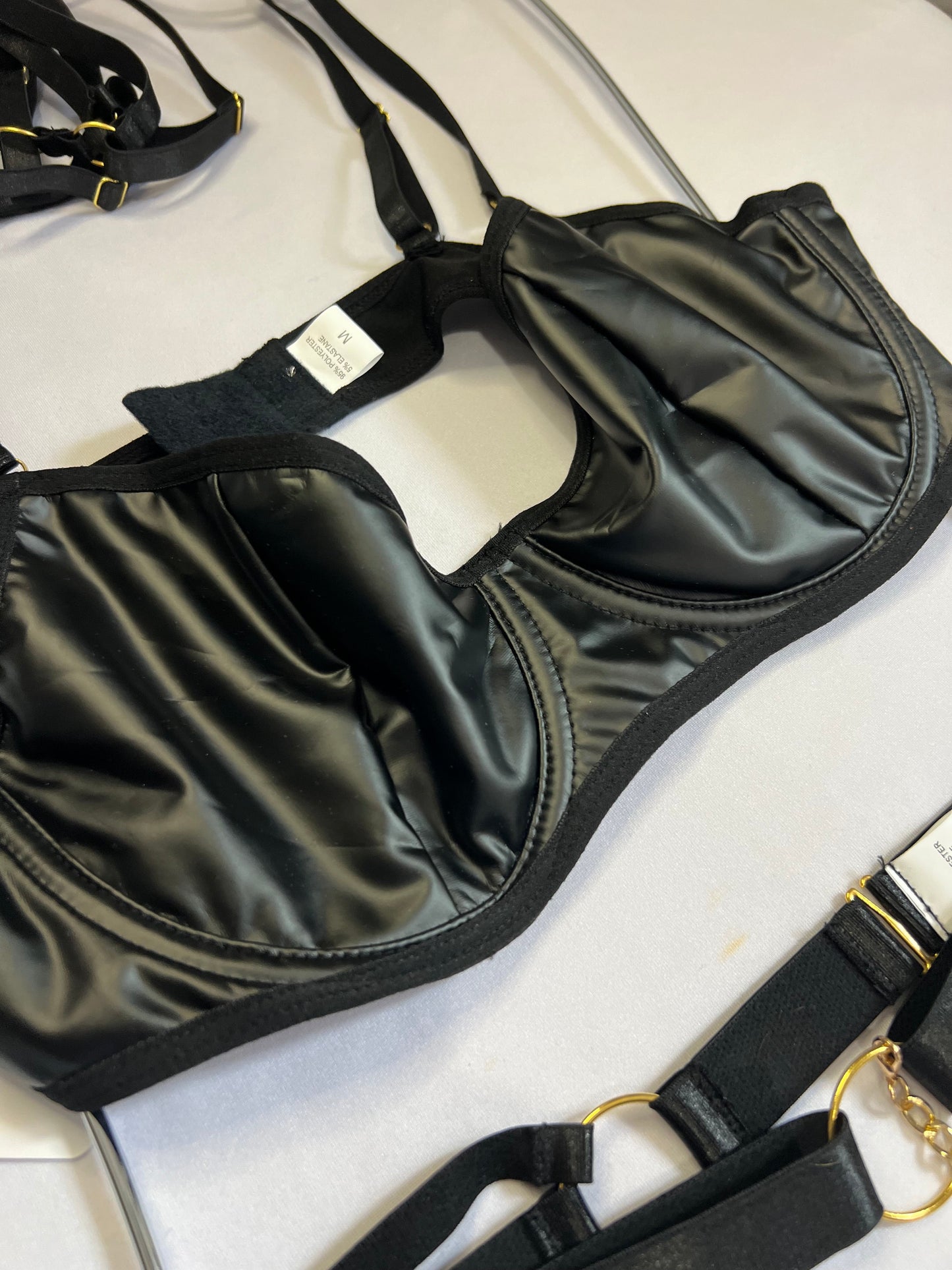 Sultry Black Satin Lingerie Set with Gold Chain Details