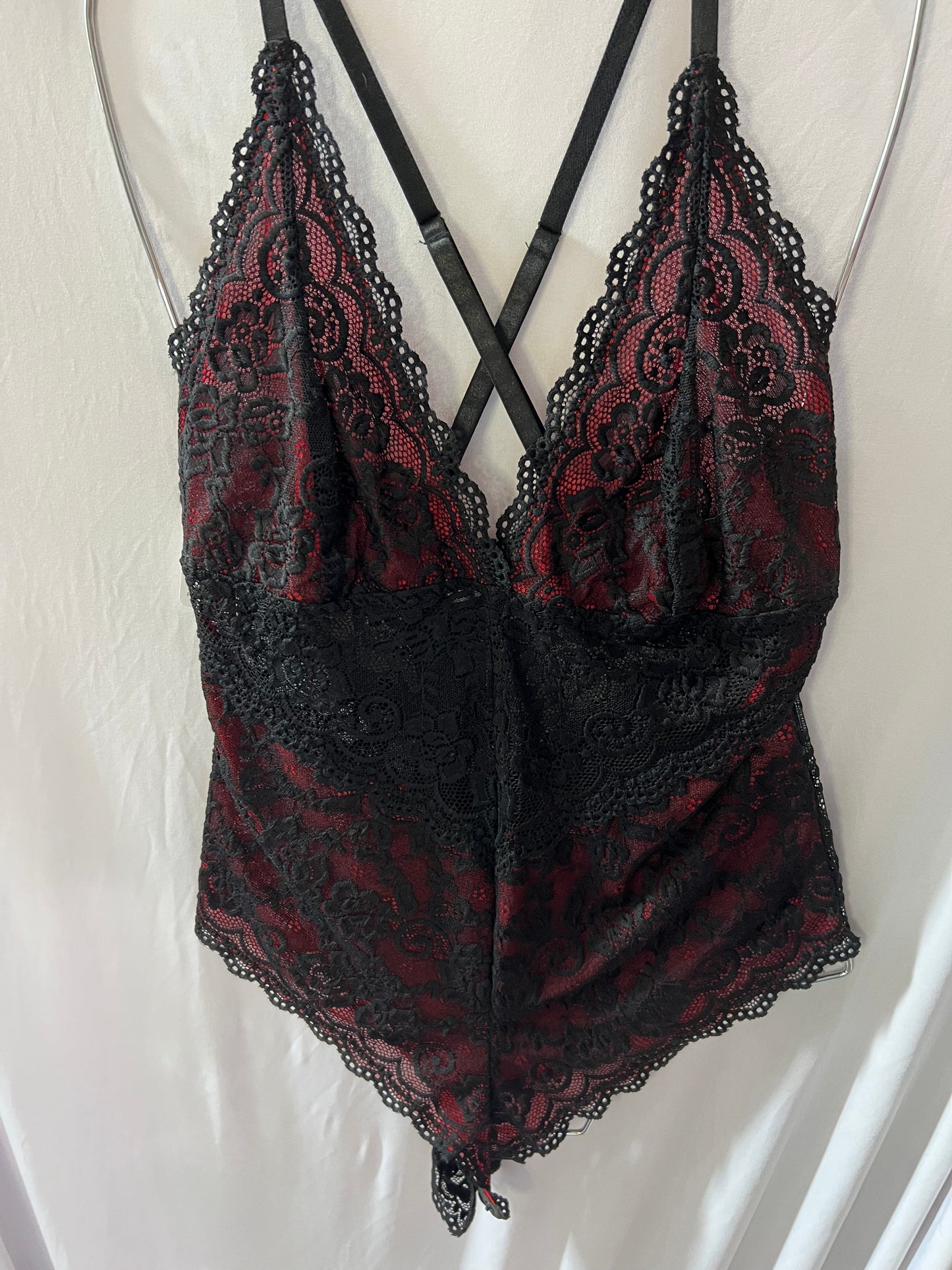 Red and Black Lace Bodysuit – Elegant, Bold, and Seductive