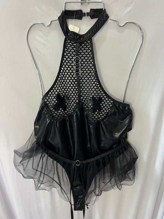 Black Mesh &amp; Faux Leather Lingerie Bodysuit – Edgy & Alluring