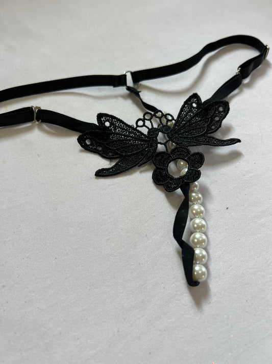 Butterfly Lace Crotchless Thong with Pearls – Adjustable & Seductive