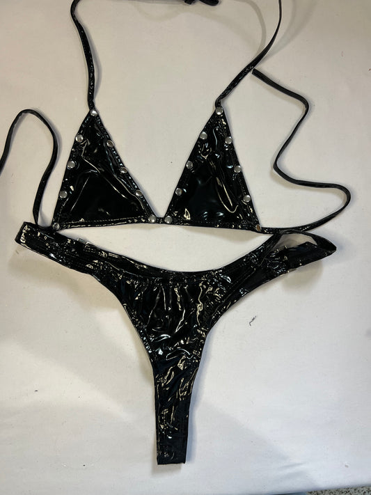 Bold Black Patent Bikini with Silver Studs