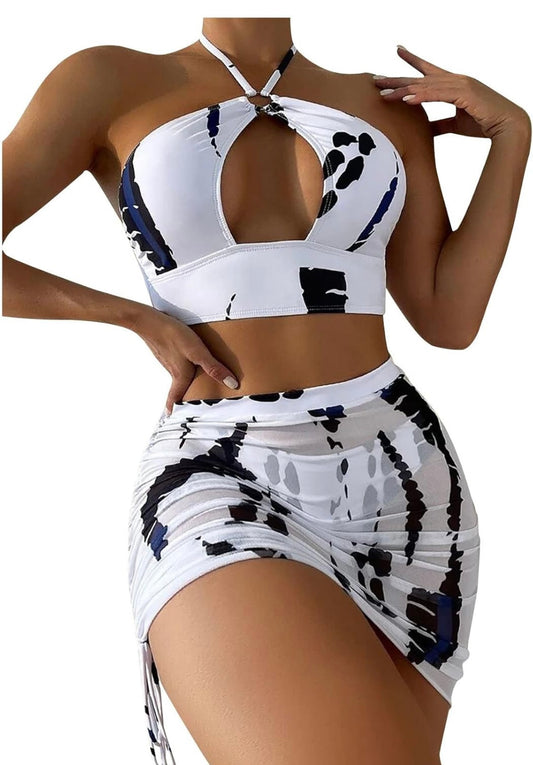 3-Piece Halter Bikini Set with Skirt Cover-Up – Abstract Print